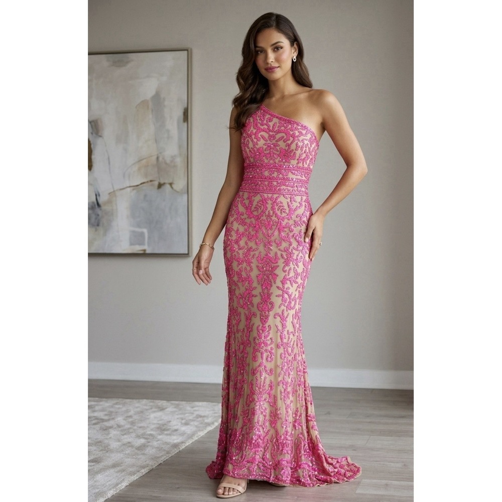 Sherri Hill 54250 One Shoulder Beaded Prom Gown Pink Nude Size 8 Dress